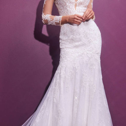 Cinderella Divine CD951W Lace Mermaid Gown With Long Illusion Sleeves