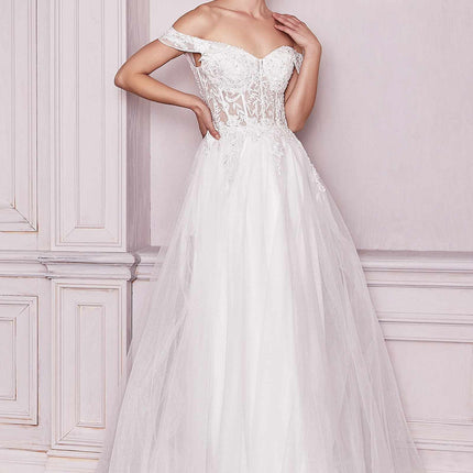 Cinderella Divine CD961W Long Lace Off the Shoulder Bridal Gown