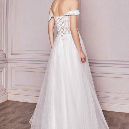 Cinderella Divine CD961W Long Lace Off the Shoulder Bridal Gown
