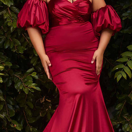 Cinderella Divine CD983 Long Fitted Satin Gown with Puff Sleeve