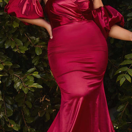 Cinderella Divine CD983 Long Fitted Satin Gown with Puff Sleeve
