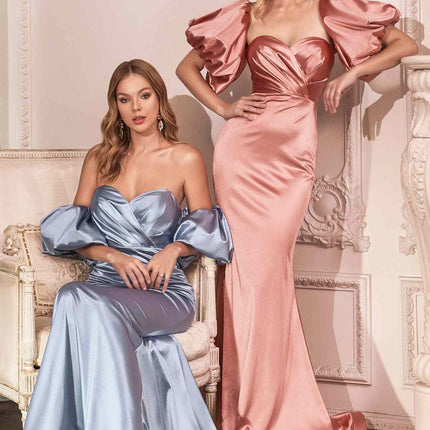 Cinderella Divine CD983 Long Fitted Satin Gown with Puff Sleeve