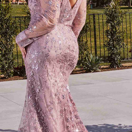 Ladivine CD989 Floor Length Glitter Print Dress with Long Sleeves