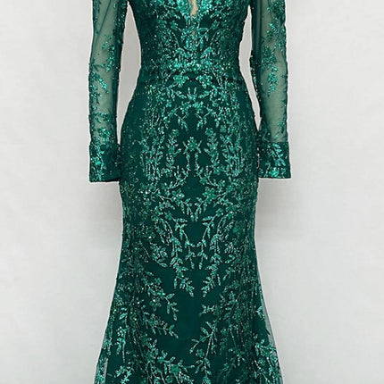 Ladivine CD989 Floor Length Glitter Print Dress with Long Sleeves
