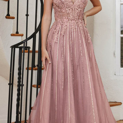 Cinderella Divine CD994 Long A-Line Beaded Tulle Gown Lace Detail V-Neck