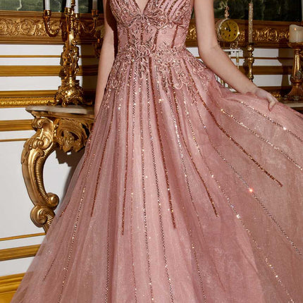 Cinderella Divine CD994 Long A-Line Beaded Tulle Gown Lace Detail V-Neck