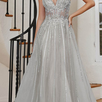 Cinderella Divine CD994 Long A-Line Beaded Tulle Gown Lace Detail V-Neck