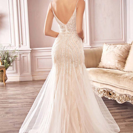 Cinderella Divine CDS401 Long Beaded Hourglass Mermaid Wedding Dress V-Neck