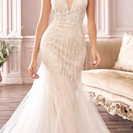 Cinderella Divine CDS401 Long Beaded Hourglass Mermaid Wedding Dress V-Neck