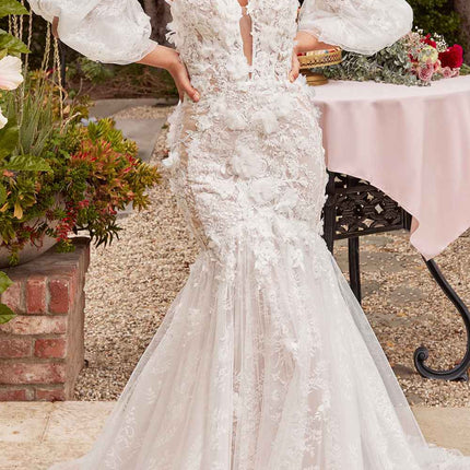 Ladivine CDS434W Long Strapless Lace Mermaid Dress Removable Puff Sleeves