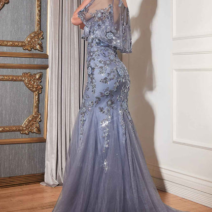 Cinderella Divine CDS438 Long Beaded Mermaid Gown Removable Short Sleeve Capelet