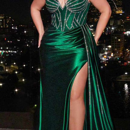 Cinderella Divine CDS440 Floor Length Stretch Satin Sheer Bodice Sexy Gown