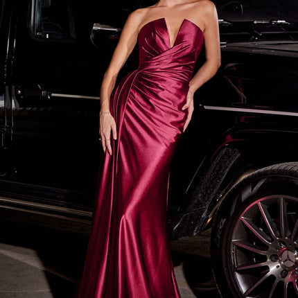 Cinderella Divine CDS441 Long Satin V-Neck Sexy Side Slit Gown Side Sash