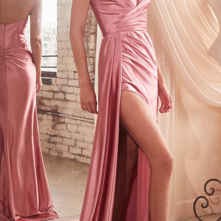 Cinderella Divine CDS441 Long Satin V-Neck Sexy Side Slit Gown Side Sash