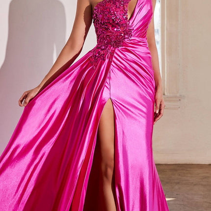 Ladivine CDS454 Floor Length One Shoulder Keyhole Bodice Leg Slit Satin Gown