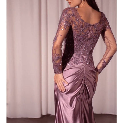 Ladivine CDS505 Dress Lace Long Sleeve Satin Fitted Gown