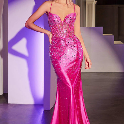 Ladivine CDS527 Dress Fitted Crystal Embellished Stretch Satin Prom Gown