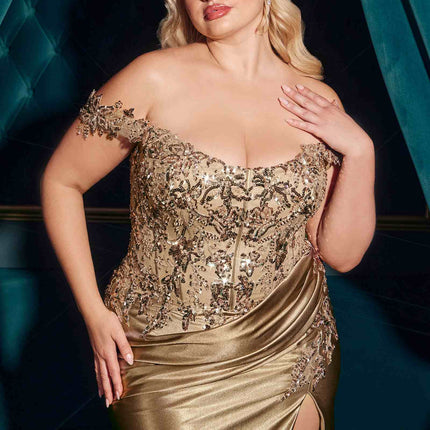 Ladivine CDS537C Off The Shoulder Lace & Satin Curve Dress