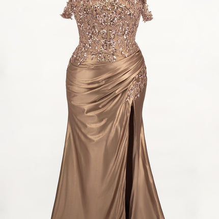 Ladivine CDS537C Off The Shoulder Lace & Satin Curve Dress