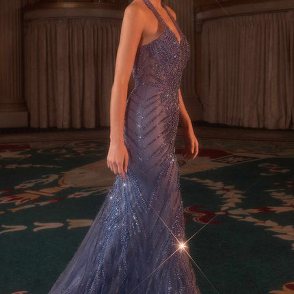 Ladivine CDS547 Fitted Halter Evening Gown Plunging Bodice
