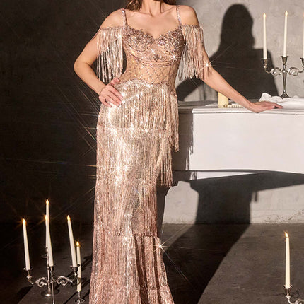 Ladivine CDS563 Off Shoulder Draped Fringe Sleeve Sequin Evening Gown