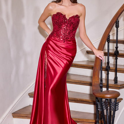 Ladivine CDS565 Sleek Satin Strapless Sweetheart Sequin Applique Gown