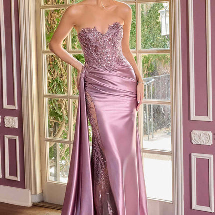 Ladivine CDS565 Sleek Satin Strapless Sweetheart Sequin Applique Gown