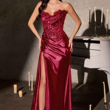 Ladivine CDS567 Strapless Sleek Satin Skirt Leg Slit Floral Beaded Gown
