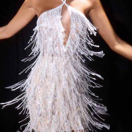 Ladivine CDS574 Fringe Beadwork Halter Fitted Mini Dress