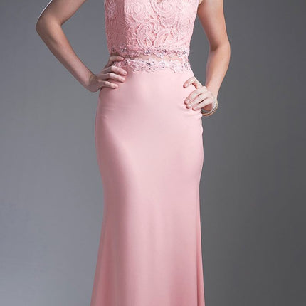 Cinderella Divine CF115 Long Lace Bodice Stretch Knit Sheath Dress Sleeveless