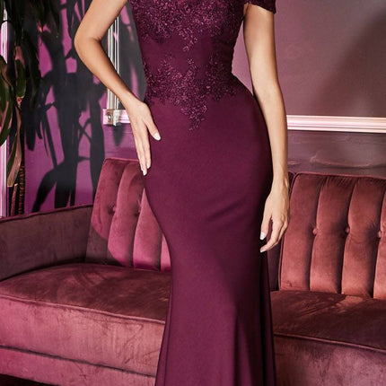 Cinderella Divine CF158 Off Shoulder Floor Length Evening Gown Applique Bodice