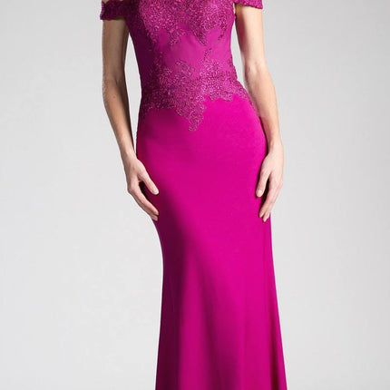 Cinderella Divine CF158 Off Shoulder Floor Length Evening Gown Applique Bodice