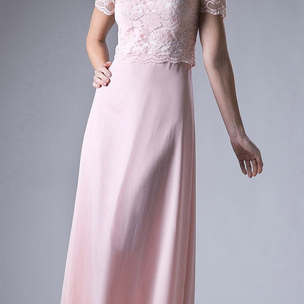 Cinderella Divine CF160 Lace Bodice Short Sleeves A-line Long Dress
