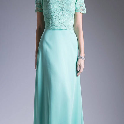Cinderella Divine CF160 Lace Bodice Short Sleeves A-line Long Dress