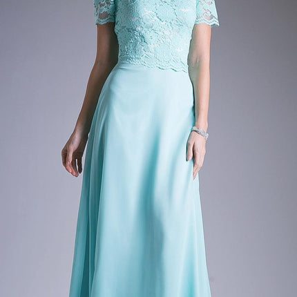 Cinderella Divine CF160 Lace Bodice Short Sleeves A-line Long Dress