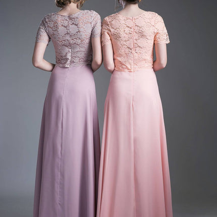 Cinderella Divine CF160 Lace Bodice Short Sleeves A-line Long Dress