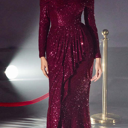 Cinderella Divine CH135 Long Sequin Off the Shoulder Long Sleeve Gown