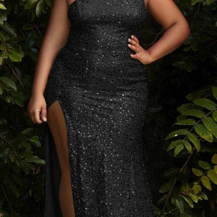 Cinderella Divine CH165 Long Strapless Asymmetrical Fitted Sequin Gown