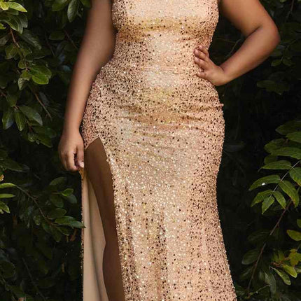 Cinderella Divine CH165C Long Strapless Asymmetrical Fitted Sequin Gown