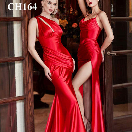 Cinderella Divine CH172 Long Satin Gown with Cowl Neckline and Slit