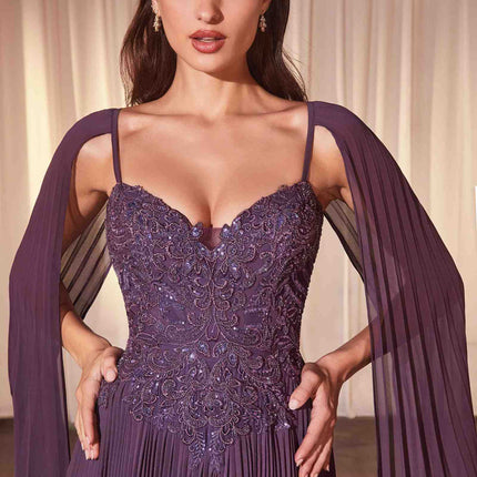 Ladivine CJ937 Pleated A-Line Gown With Cape Sleeves