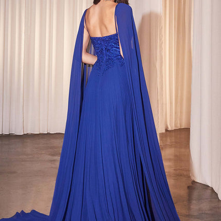 Ladivine CJ937 Pleated A-Line Gown With Cape Sleeves