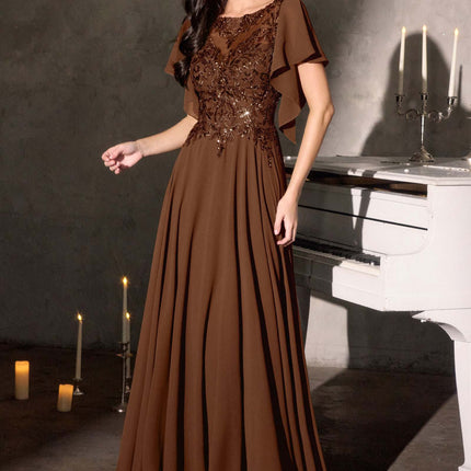 Ladivine CL09 Flutter Sleeve Illusion Neck A-Line Chiffon Gown