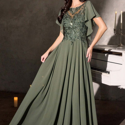 Ladivine CL09 Flutter Sleeve Illusion Neck A-Line Chiffon Gown