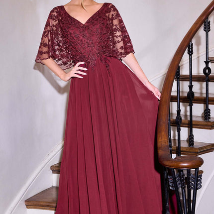 Ladivine CL10 Mother of the Bride V-Neckline Lace Bodice A-Line Gown