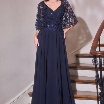Ladivine CL10 Mother of the Bride V-Neckline Lace Bodice A-Line Gown