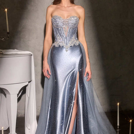 Ladivine CM392 Strapless Corset Bodice Sparkling Beading Fitted Satin Gown