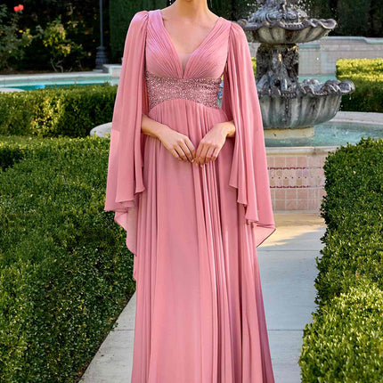 Ladivine CM8244 V-Neckline Cape Sleeves Flowing Chiffon Gown