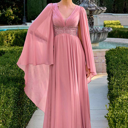 Ladivine CM8244 V-Neckline Cape Sleeves Flowing Chiffon Gown