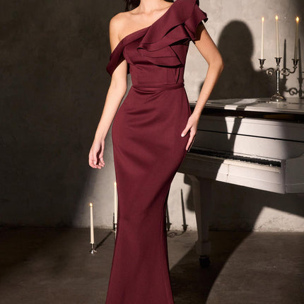Ladivine CR886 Timeless One Shoulder Cascading Ruffles Stretch Gown